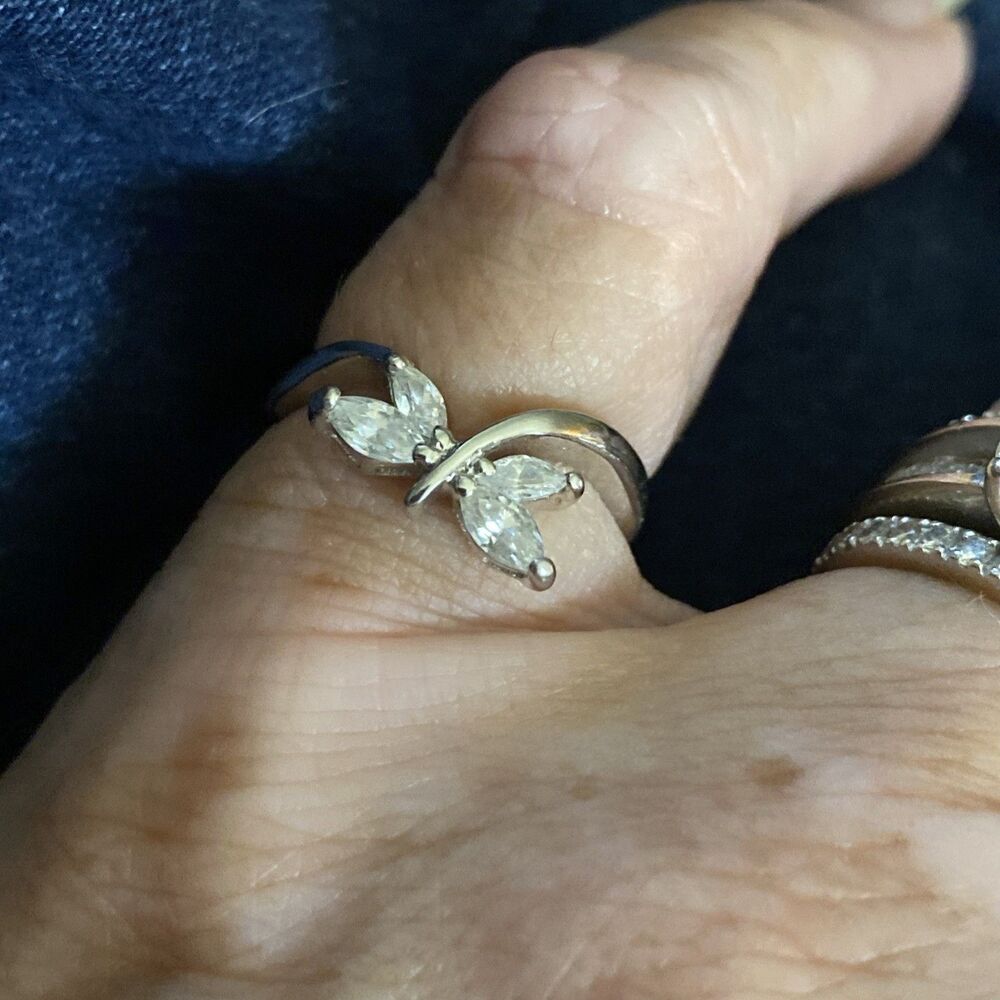 Vintage 925 Sterling Silver Bypass Ring Marquise CZ Butterfly Dragonfly Size 5